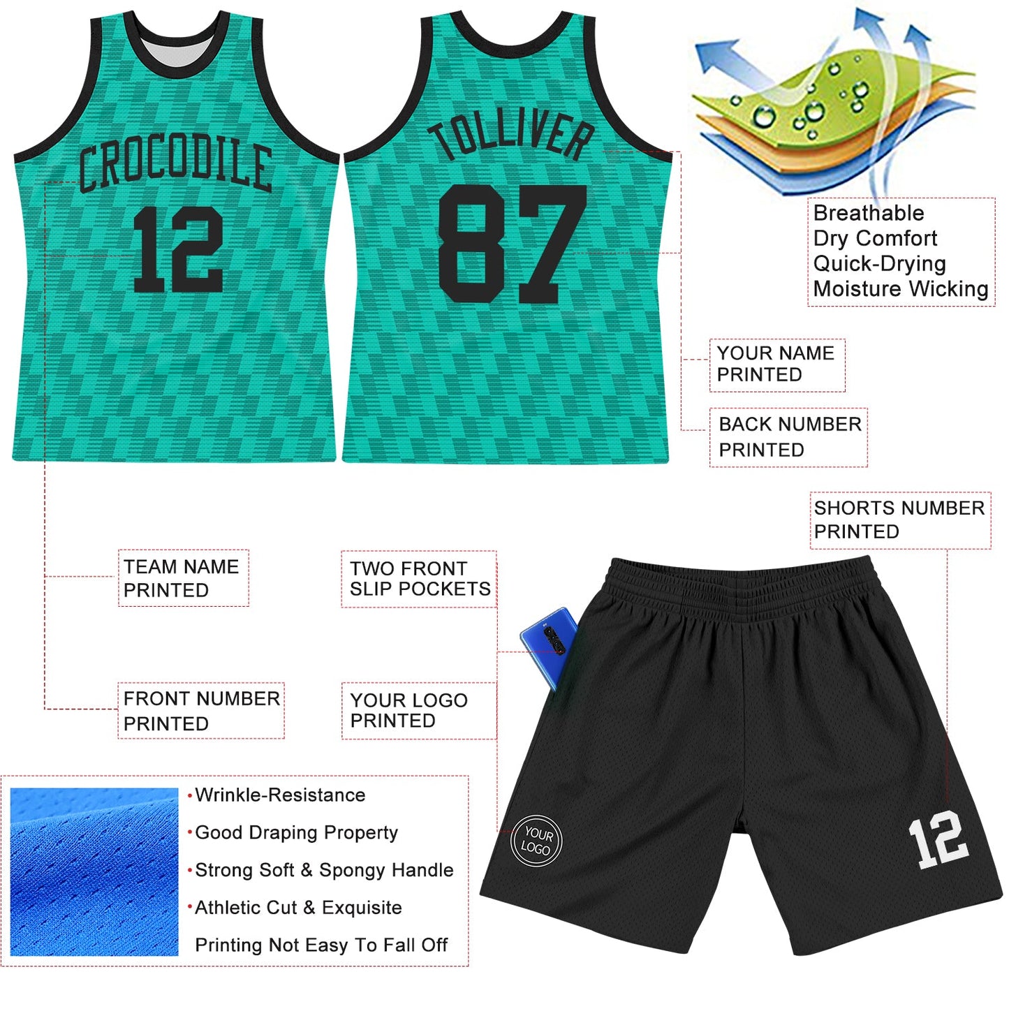 Custom Teal White Line Round Neck Sublimation Basketball Set Jersey