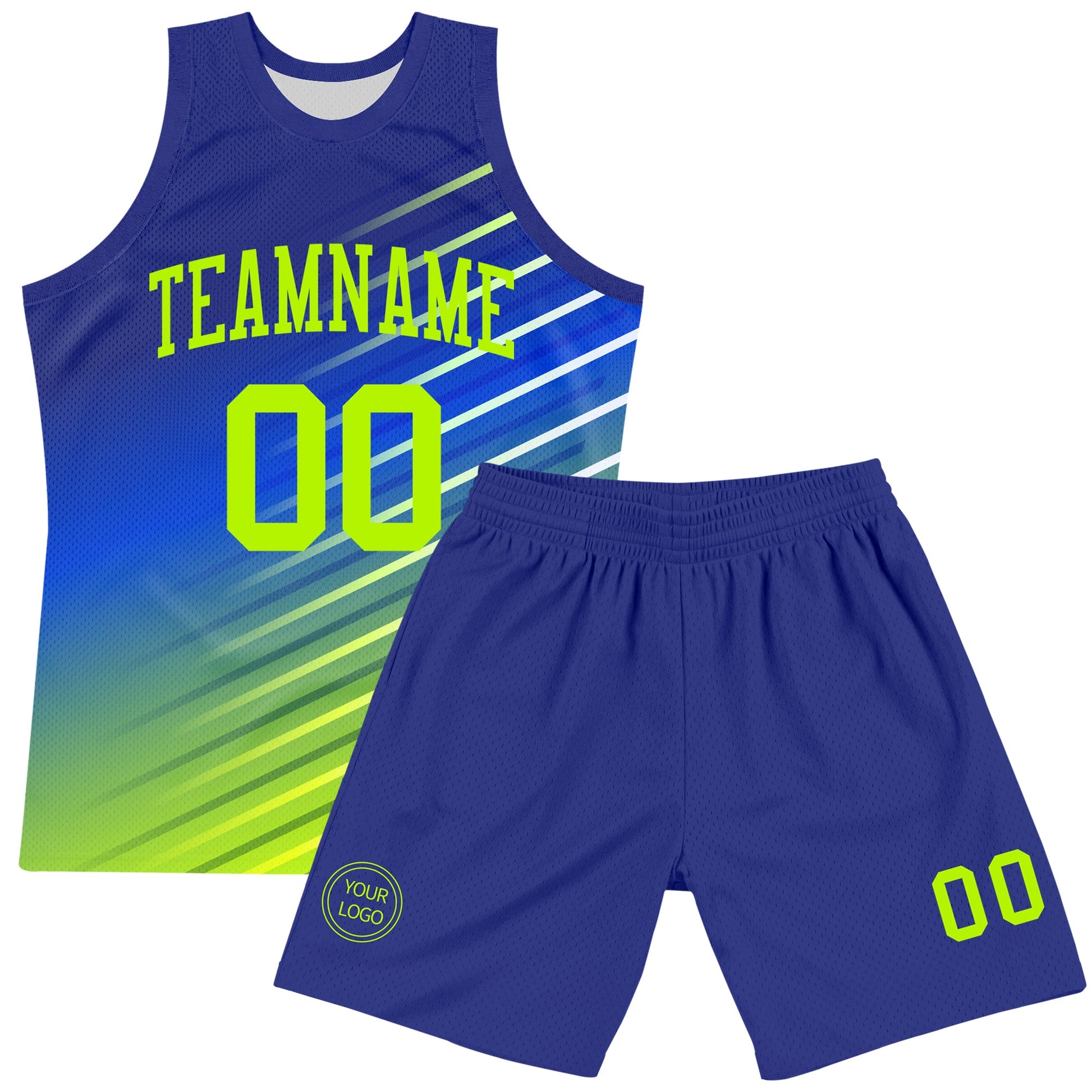 Custom Royal Neon Green-White Line Round Neck Sublimation Basketball Set Jersey