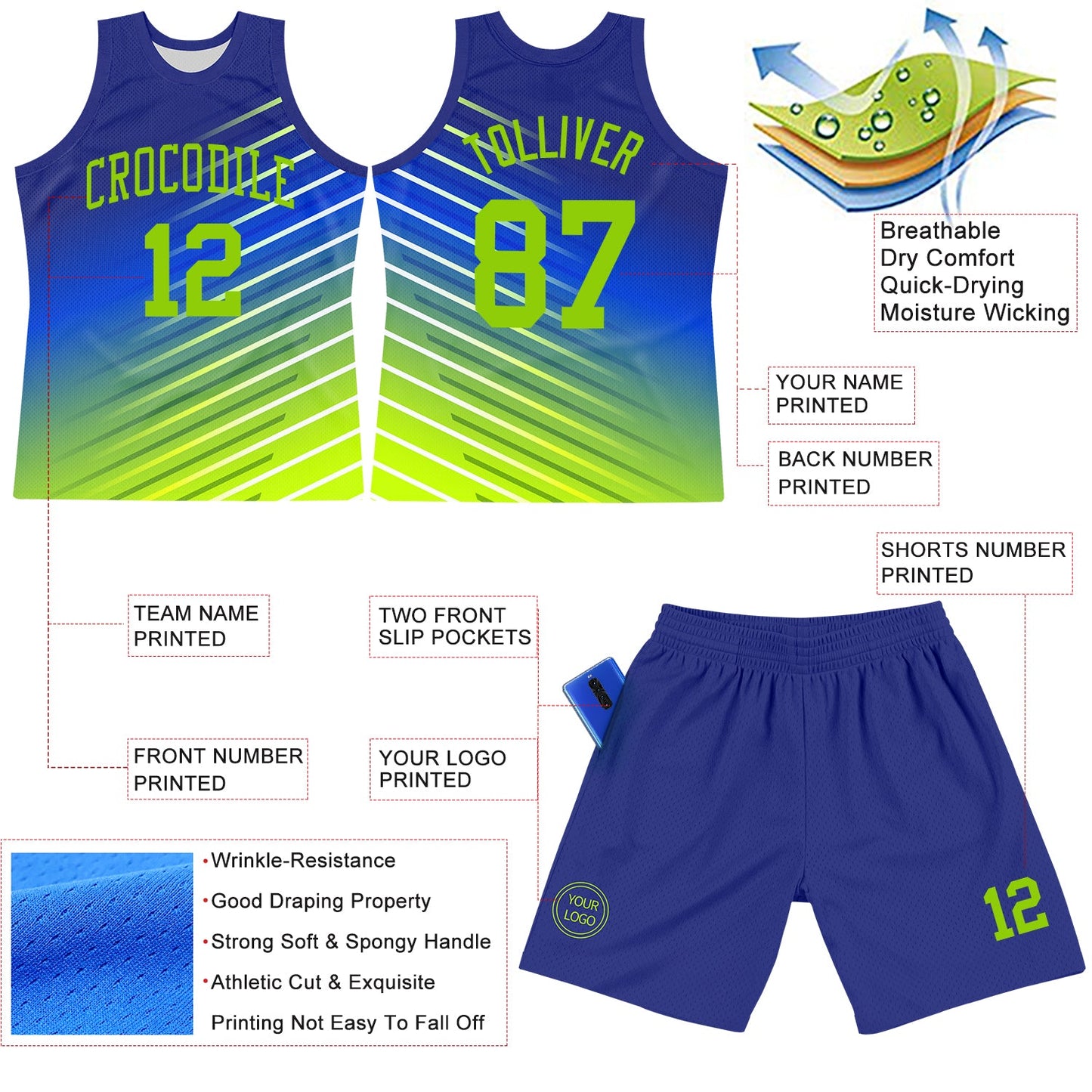Custom Royal Neon Green-White Line Round Neck Sublimation Basketball Set Jersey