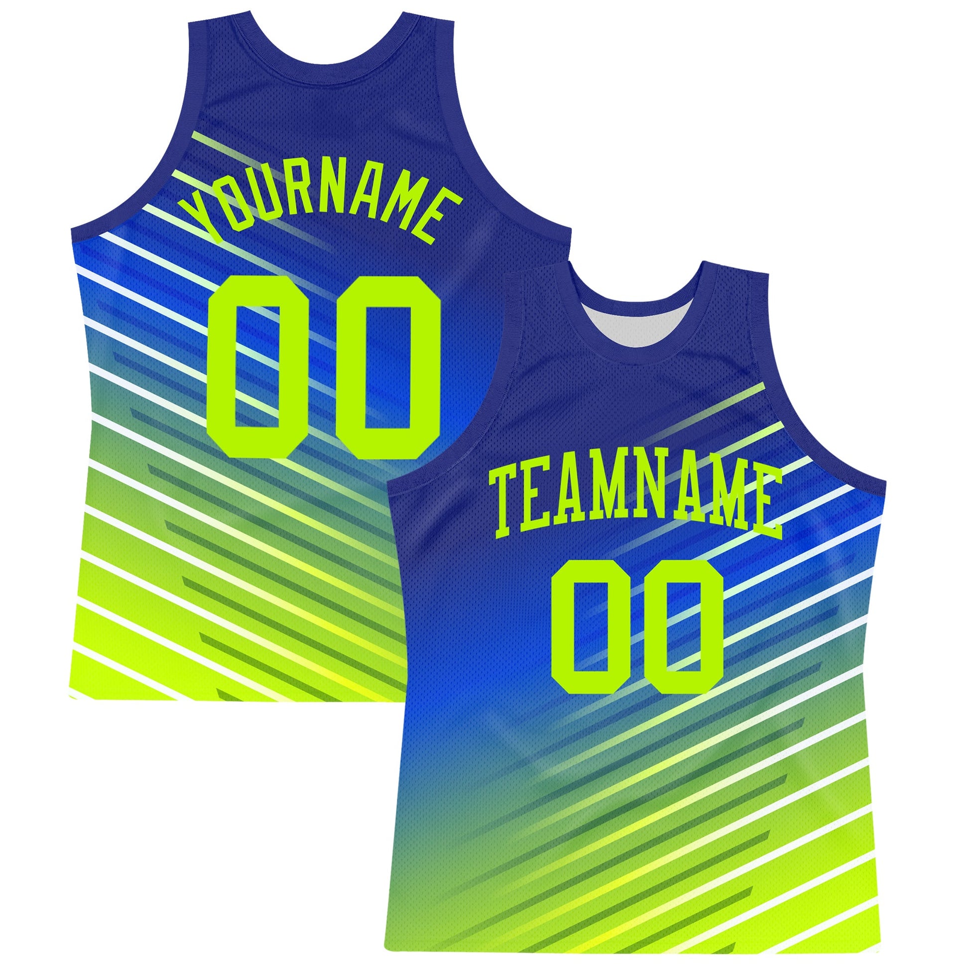 Custom Royal Neon Green-White Line Round Neck Sublimation Basketball Set Jersey