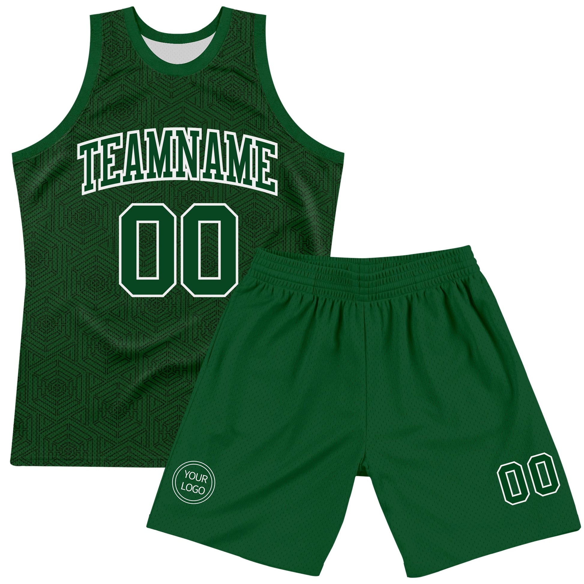 Custom Green White Geometric Shape Round Neck Sublimation Basketball Set Jersey
