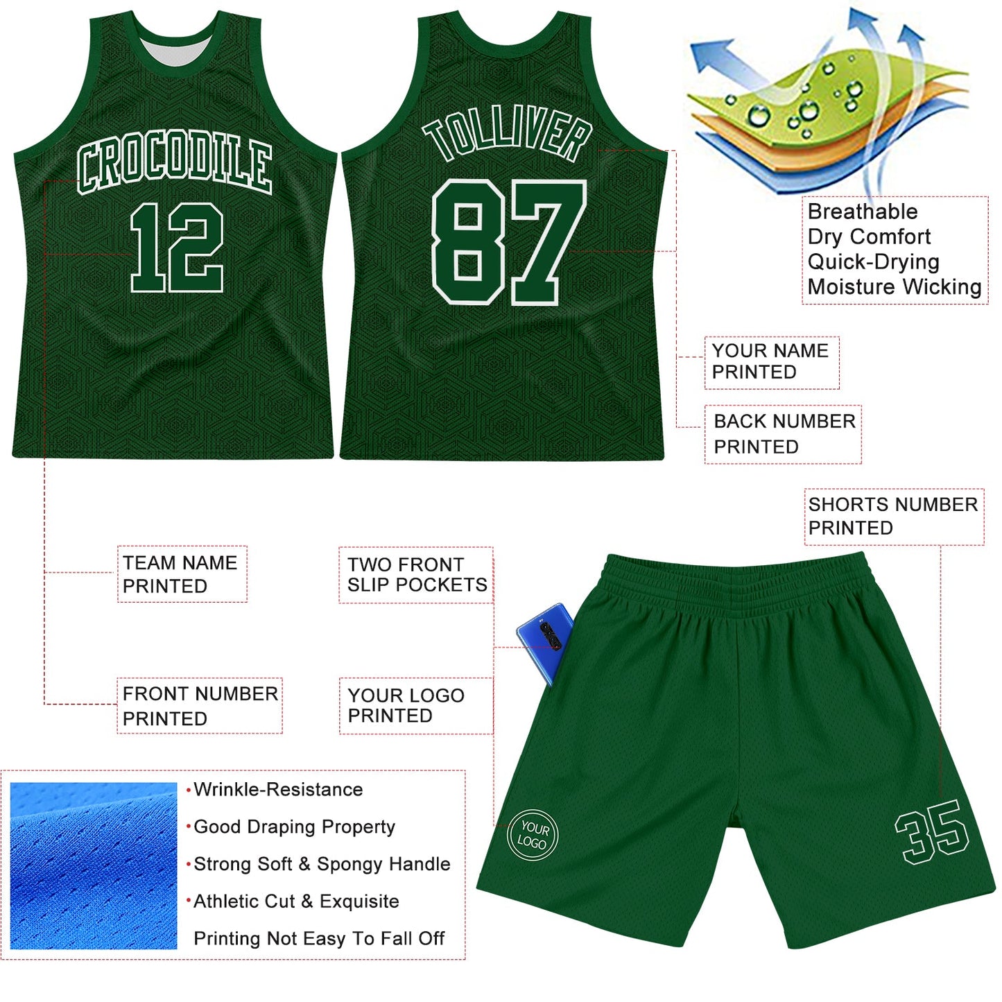 Custom Green White Geometric Shape Round Neck Sublimation Basketball Set Jersey