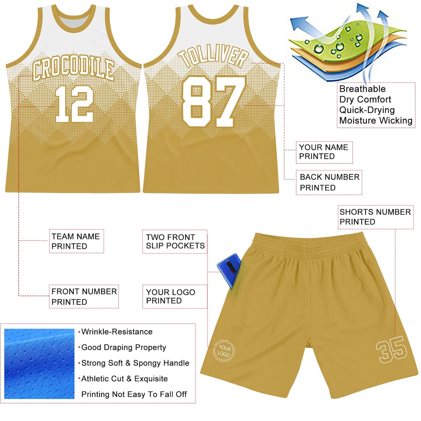 Custom White Old Gold Gradient Square Shapes Round Neck Sublimation Basketball Set Jersey