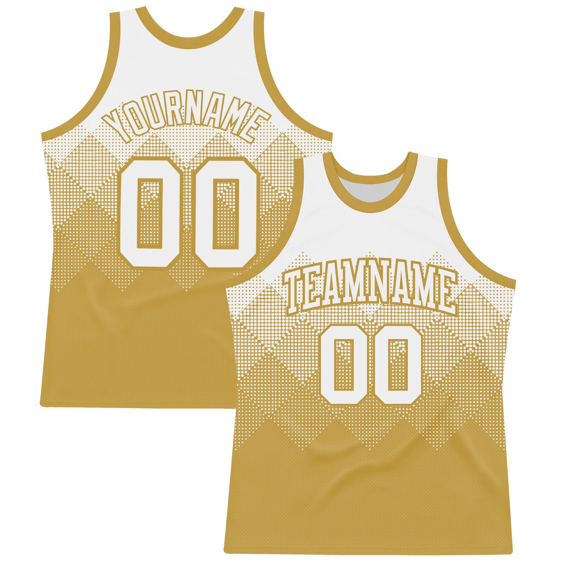 Custom White Old Gold Gradient Square Shapes Round Neck Sublimation Basketball Set Jersey