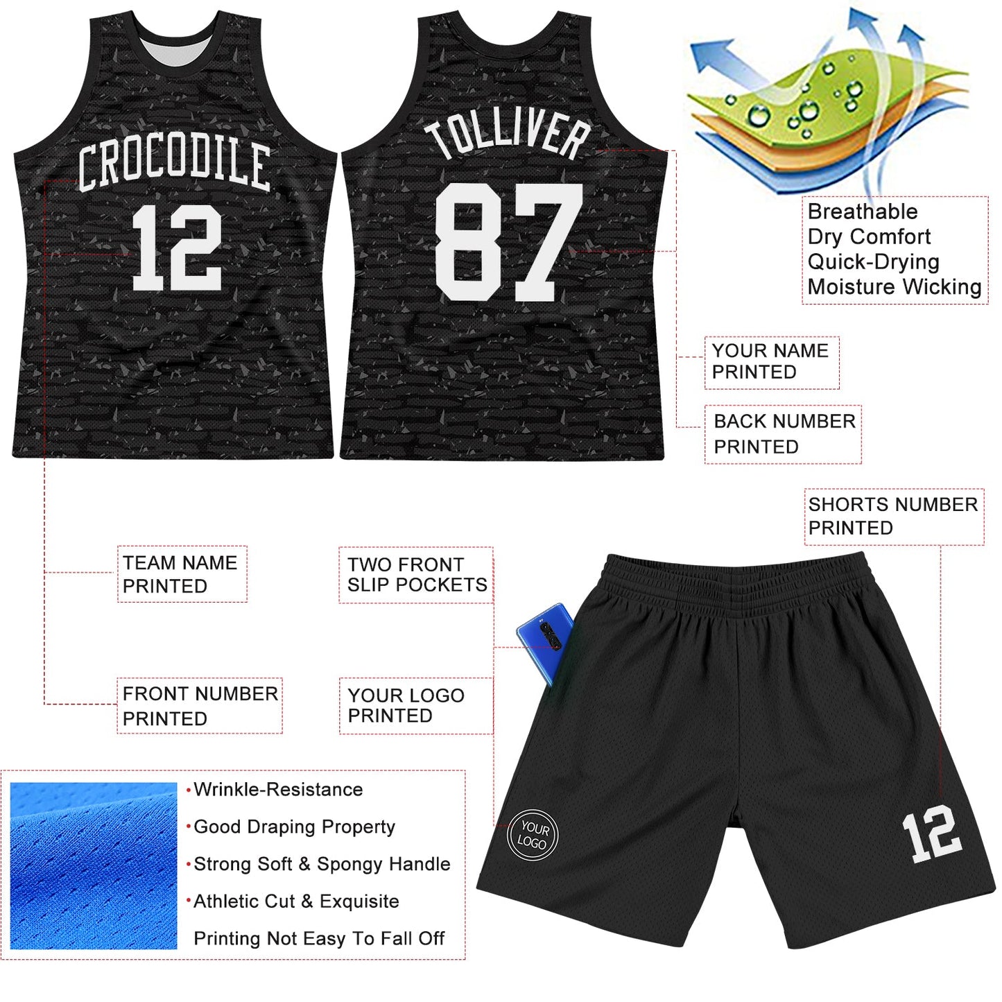 Custom Black White Fragment Art Round Neck Sublimation Basketball Set Jersey