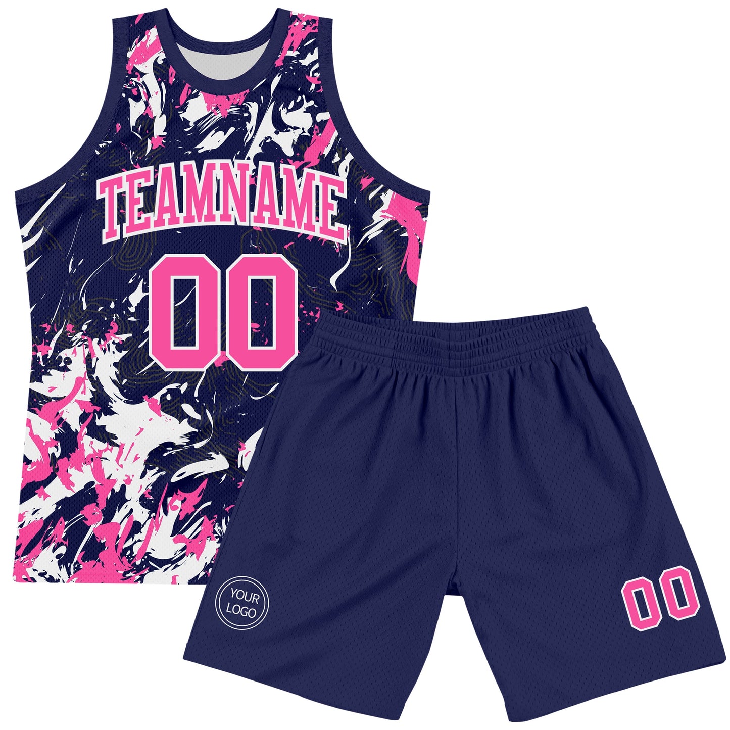 Custom Navy Pink-White Fluid Art Round Neck Sublimation Basketball Set Jersey