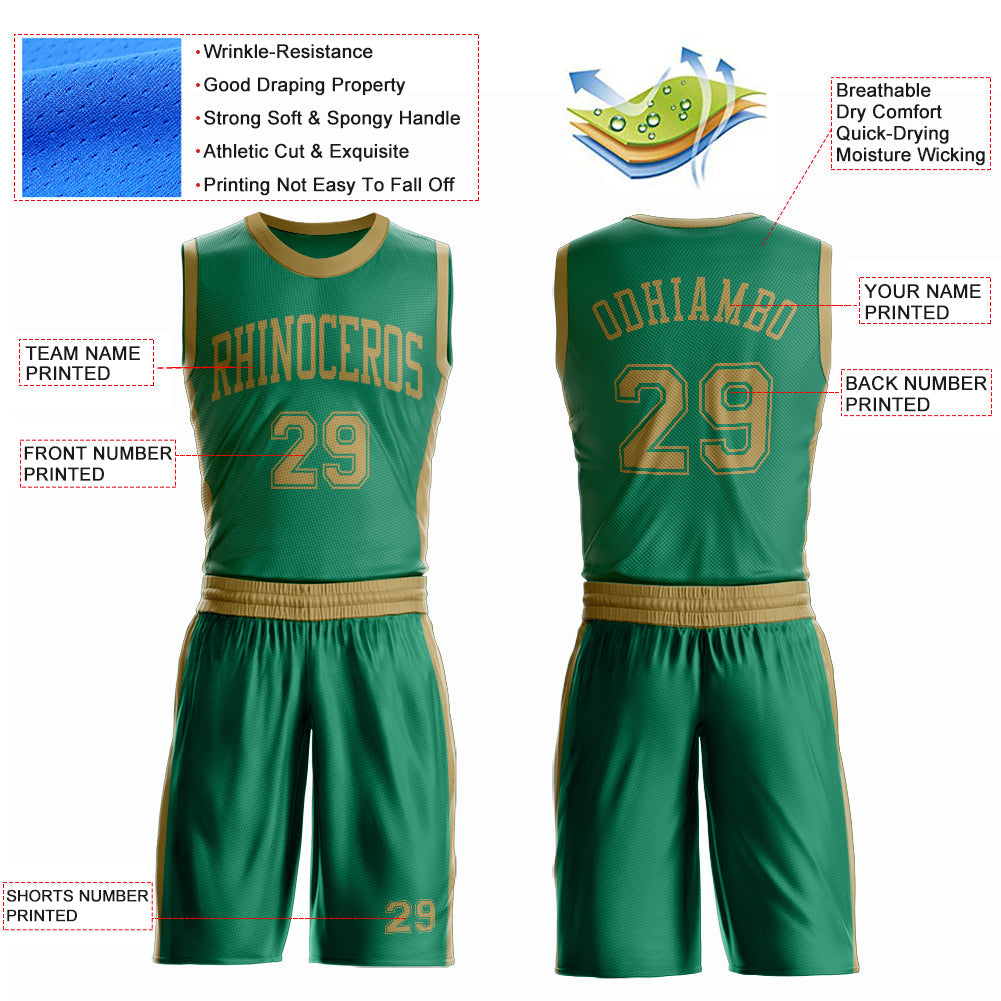 Custom Kelly Green Old Gold Round Neck Basketball Uniform Jersey