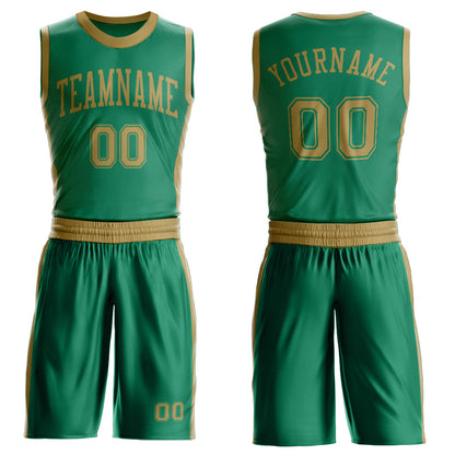 Custom Kelly Green Old Gold Round Neck Basketball Uniform Jersey