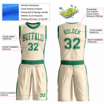 Custom Cream Kelly Green Round Neck Basketball Uniform Jersey
