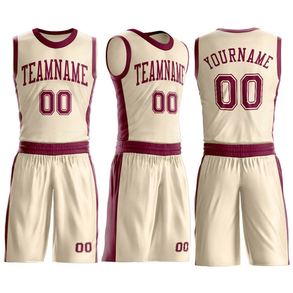 Custom Cream Maroon Round Neck Basketball Uniform Jersey