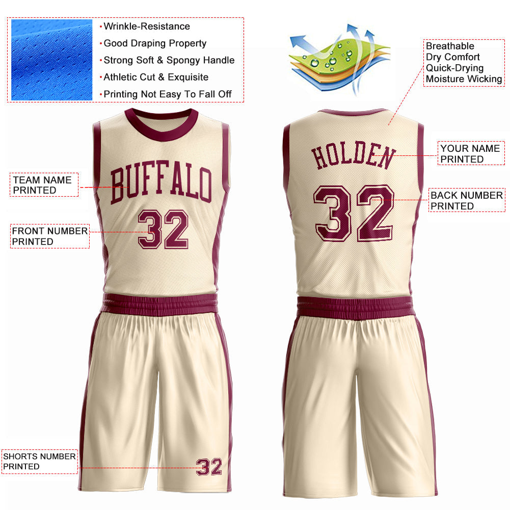 Custom Cream Maroon Round Neck Basketball Uniform Jersey