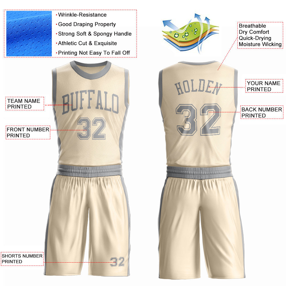 Custom Cream Gray Round Neck Basketball Uniform Jersey