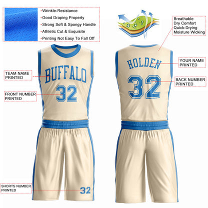 Custom Cream Blue Round Neck Basketball Uniform Jersey