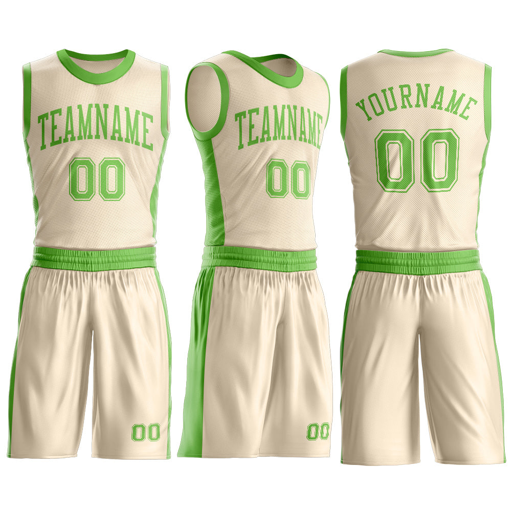 Custom Cream Neon Green Round Neck Basketball Uniform Jersey