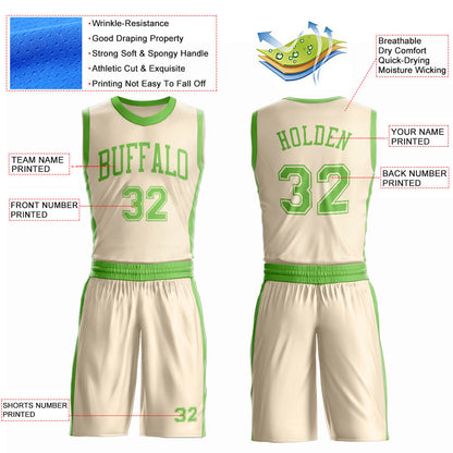Custom Cream Neon Green Round Neck Basketball Uniform Jersey