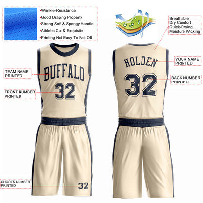 Custom Cream Navy Round Neck Basketball Uniform Jersey