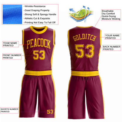 Custom Maroon Gold Round Neck Basketball Uniform Jersey