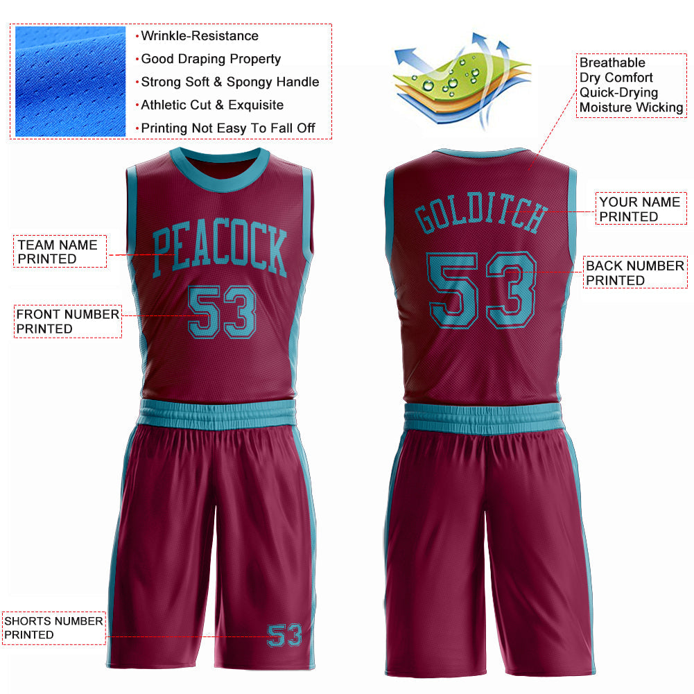 Custom Maroon Teal Round Neck Basketball Uniform Jersey