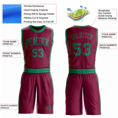 Custom Maroon Kelly Green Round Neck Basketball Uniform Jersey