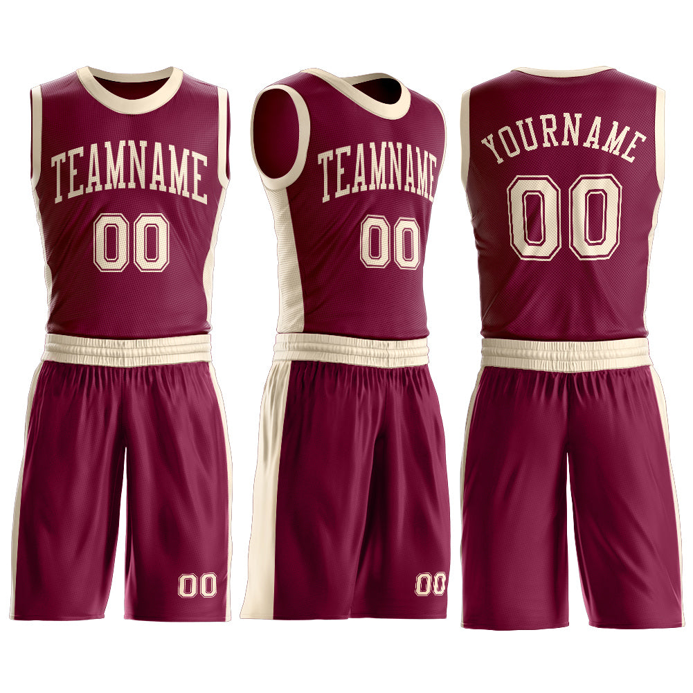 Custom Maroon Cream Round Neck Basketball Uniform Jersey