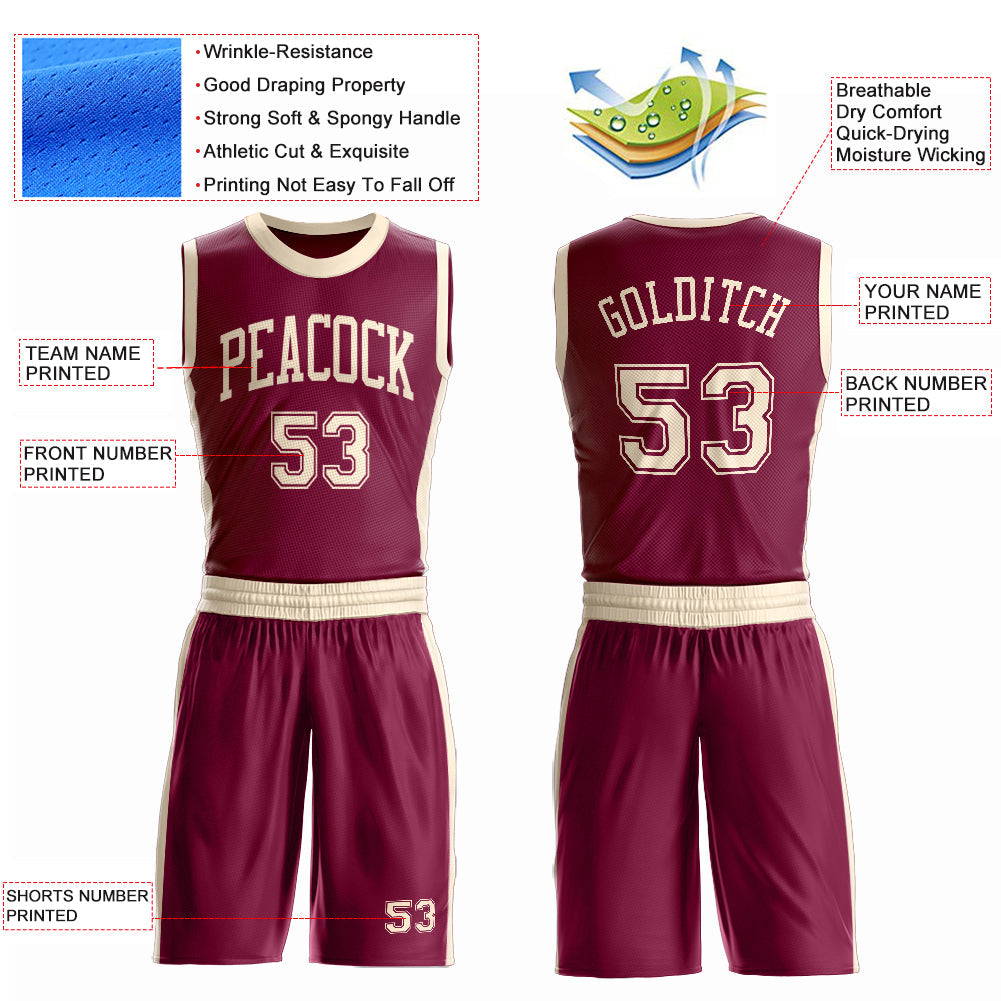Custom Maroon Cream Round Neck Basketball Uniform Jersey