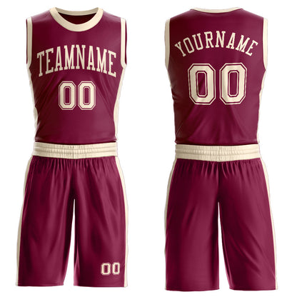 Custom Maroon Cream Round Neck Basketball Uniform Jersey