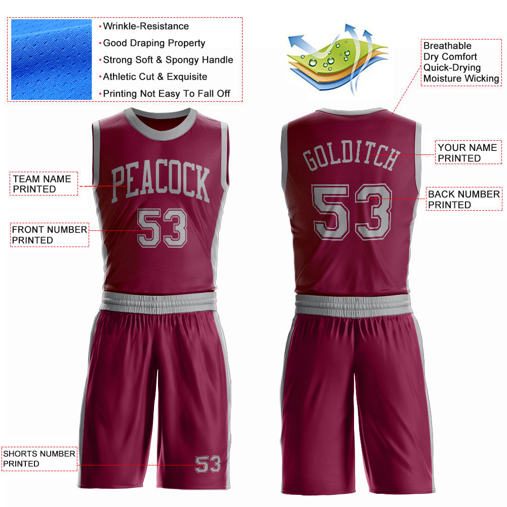 Custom Maroon Gray Round Neck Basketball Uniform Jersey