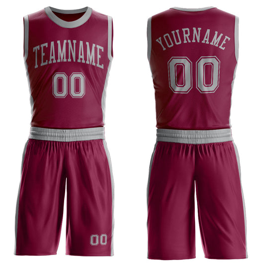 Custom Maroon Gray Round Neck Basketball Uniform Jersey