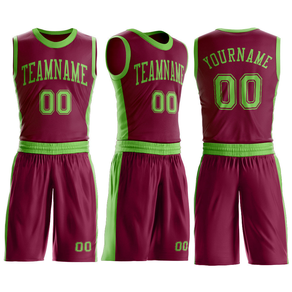 Custom Maroon Neon Green Round Neck Basketball Uniform Jersey