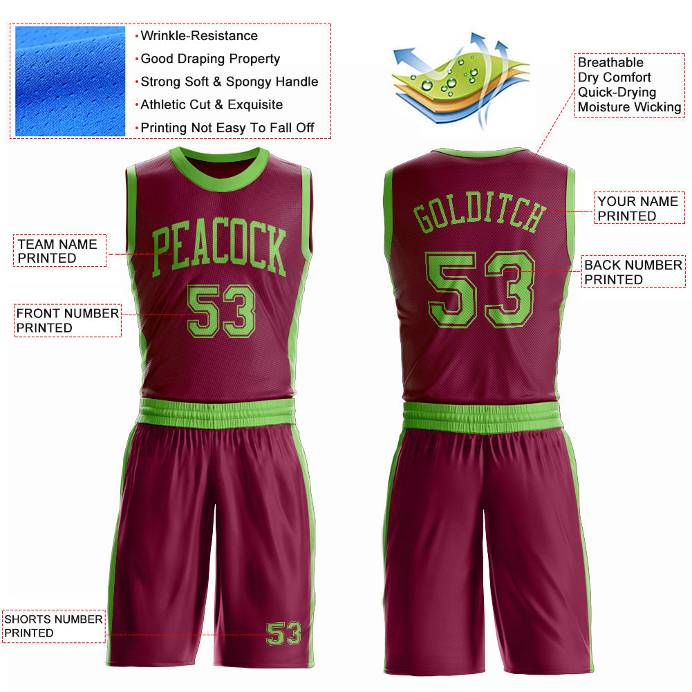 Custom Maroon Neon Green Round Neck Basketball Uniform Jersey