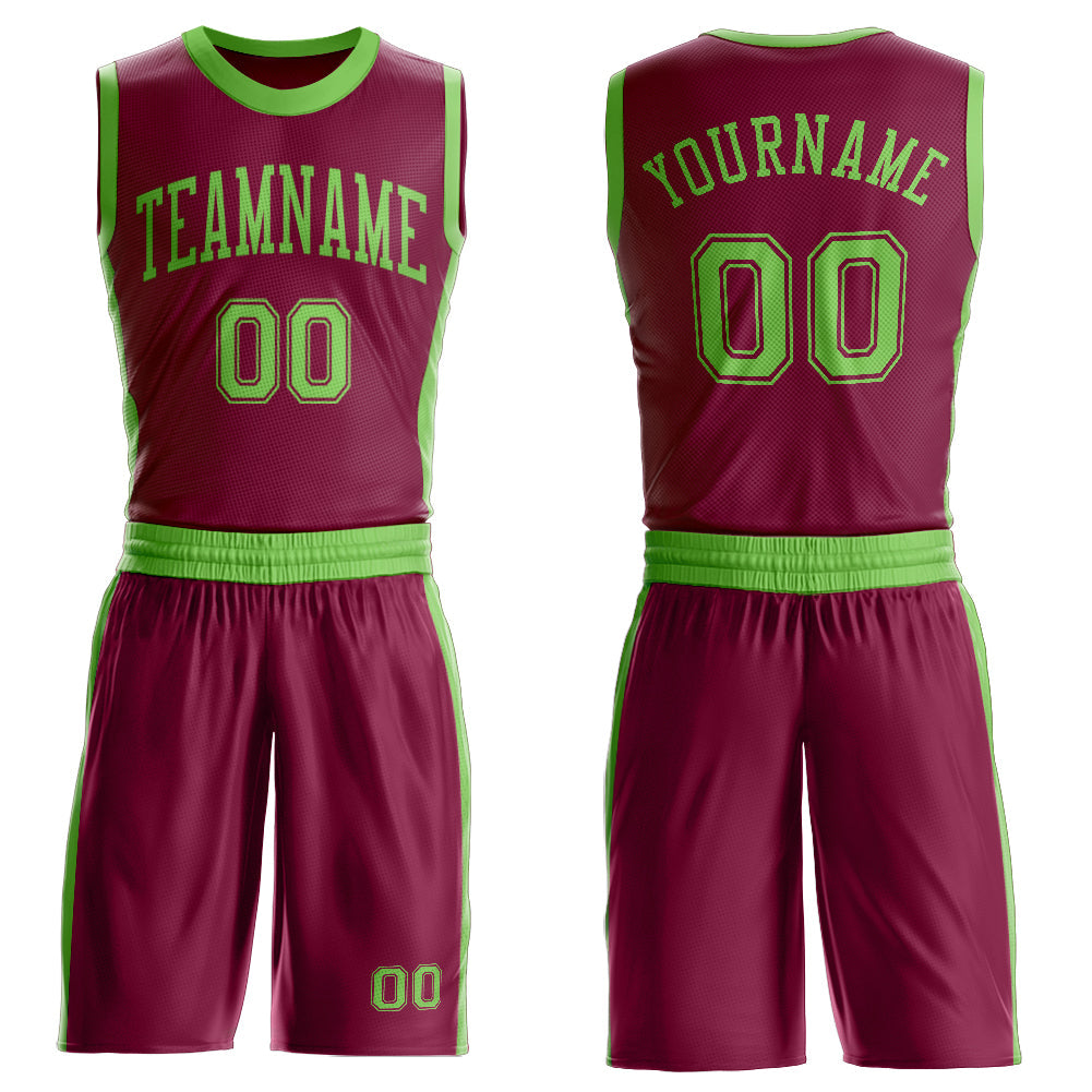 Custom Maroon Neon Green Round Neck Basketball Uniform Jersey