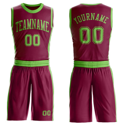 Custom Maroon Neon Green Round Neck Basketball Uniform Jersey