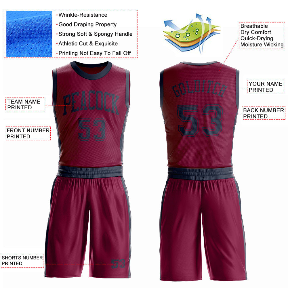 Custom Maroon Navy Round Neck Basketball Uniform Jersey