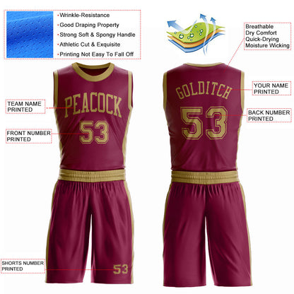 Custom Maroon Old Gold Round Neck Basketball Uniform Jersey