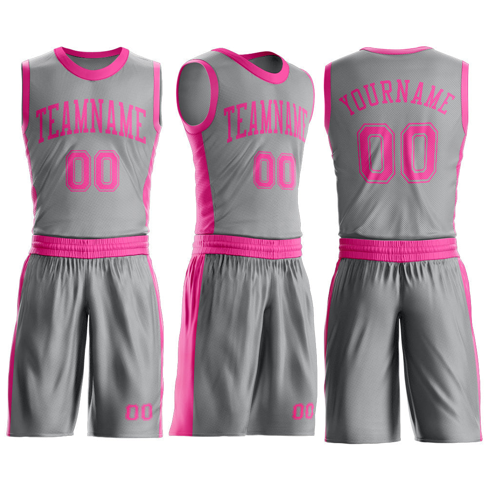 Custom Gray Pink Round Neck Basketball Uniform Jersey