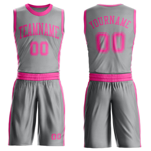 Custom Gray Pink Round Neck Basketball Uniform Jersey