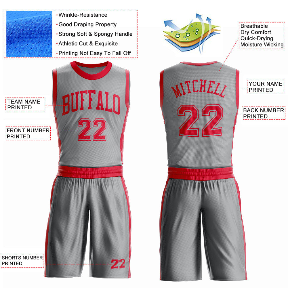 Custom Gray Red Round Neck Basketball Uniform Jersey