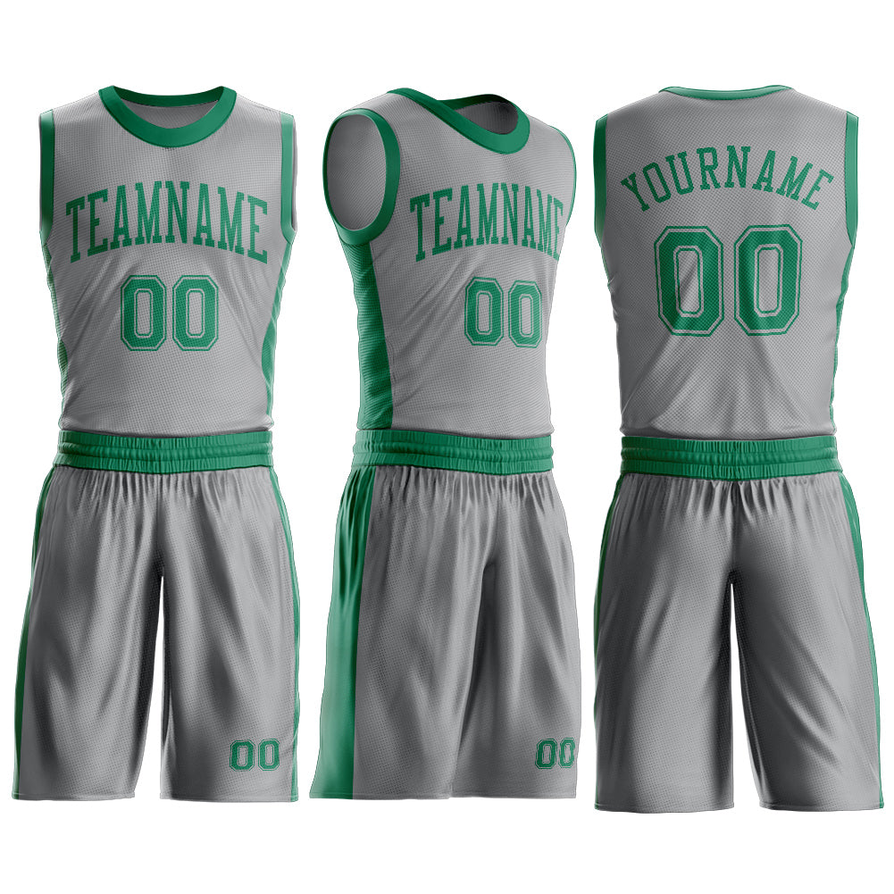 Custom Gray Kelly Green Round Neck Basketball Uniform Jersey