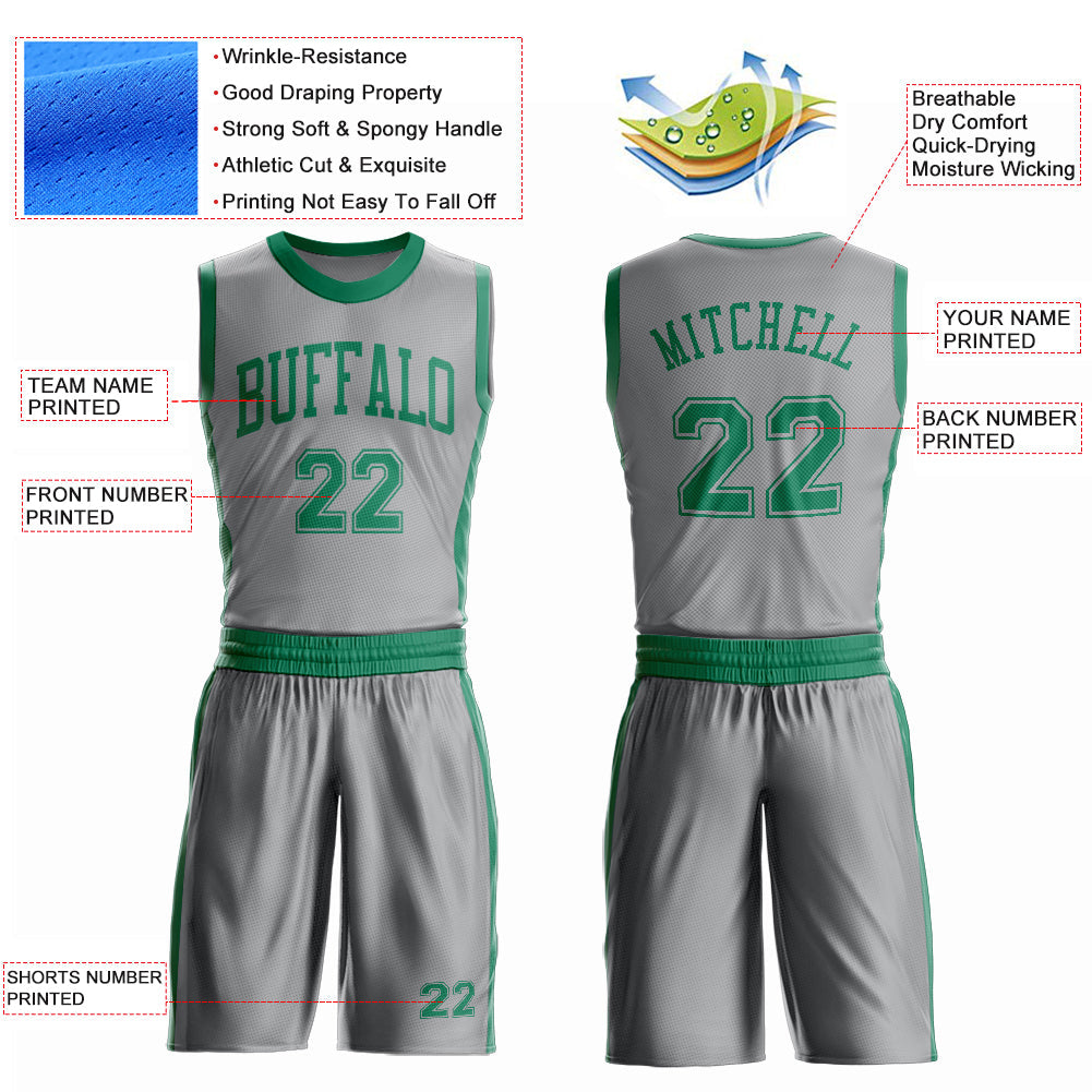 Custom Gray Kelly Green Round Neck Basketball Uniform Jersey