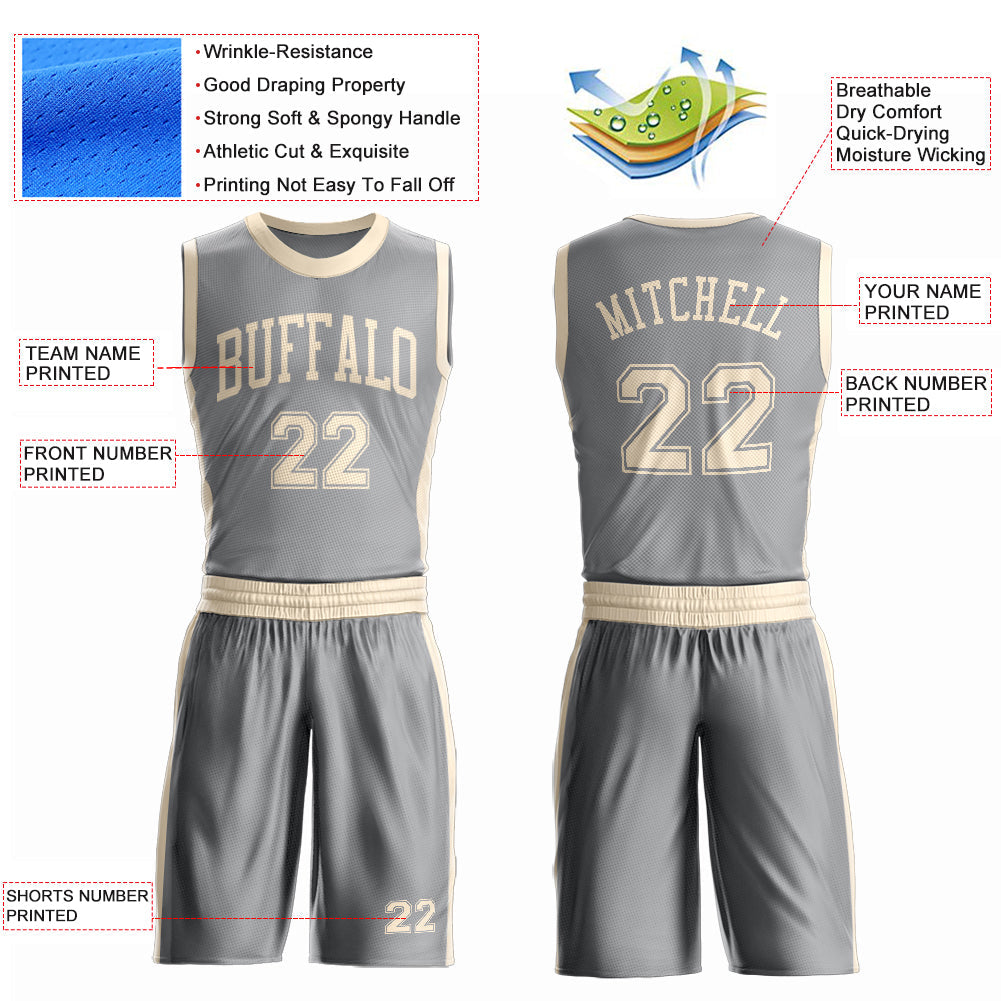 Custom Gray Cream Round Neck Basketball Uniform Jersey