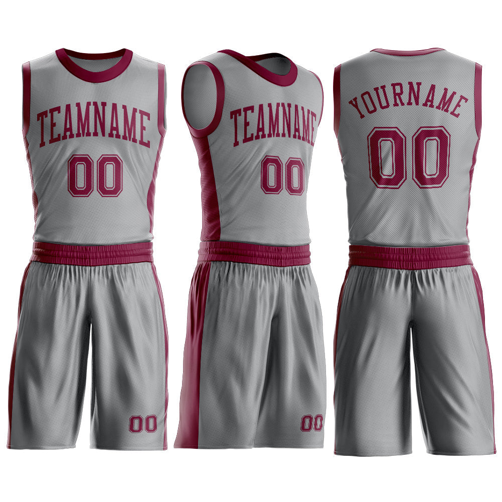 Custom Gray Maroon Round Neck Basketball Uniform Jersey