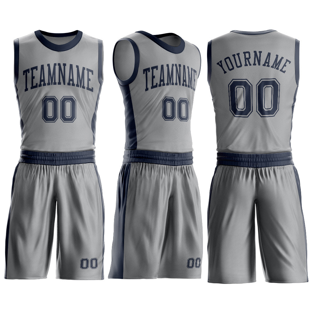 Custom Gray Navy Round Neck Basketball Uniform Jersey