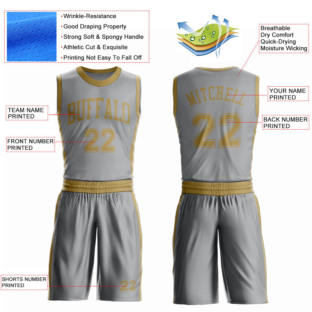 Custom Gray Old Gold Round Neck Basketball Uniform Jersey