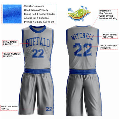 Custom Gray Royal Round Neck Basketball Uniform Jersey