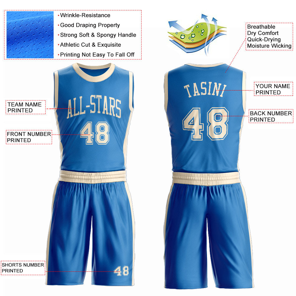 Custom Blue Cream Round Neck Basketball Uniform Jersey