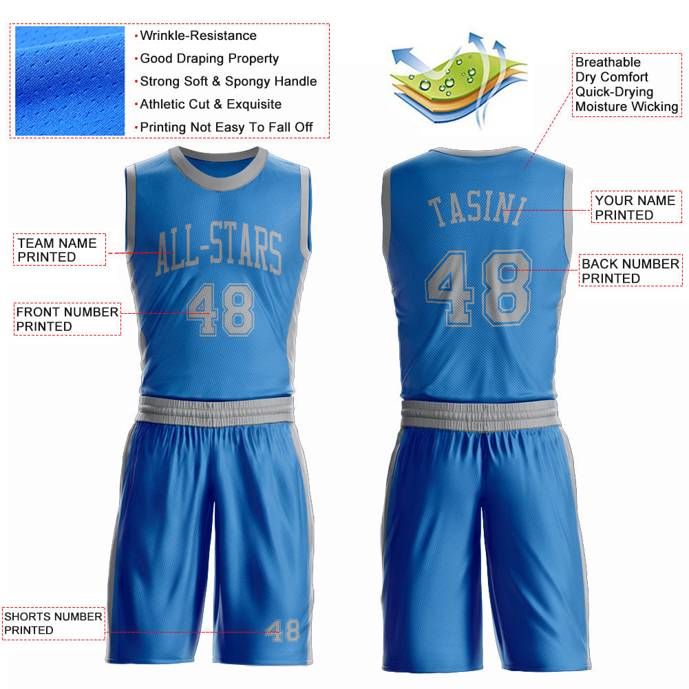 Custom Blue Gray Round Neck Basketball Uniform Jersey