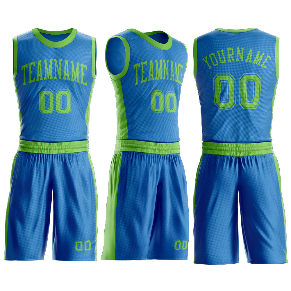 Custom Blue Neon Green Round Neck Basketball Uniform Jersey