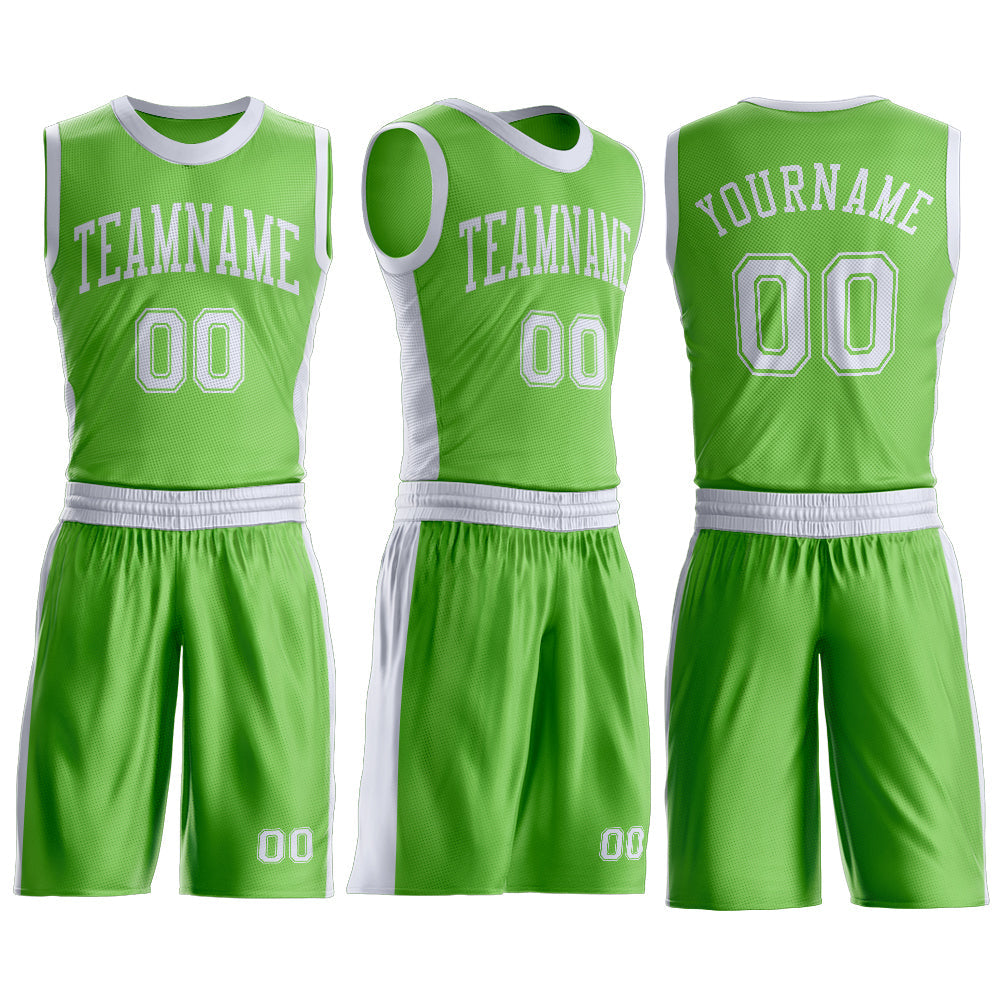 Custom Neon Green White Round Neck Basketball Uniform Jersey