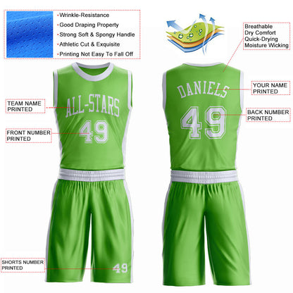 Custom Neon Green White Round Neck Basketball Uniform Jersey