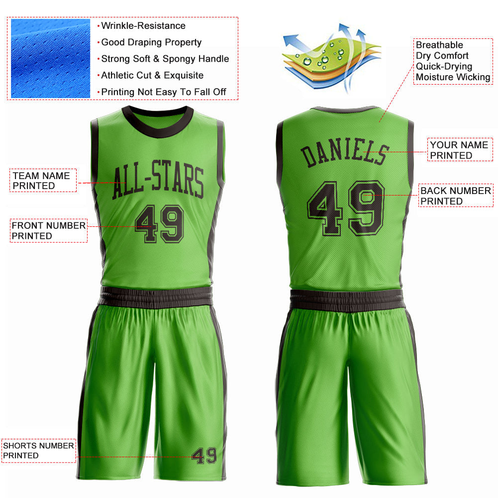 Custom Neon Green Brown Round Neck Basketball Uniform Jersey